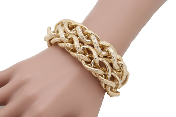 Brand New Women Bracelet Gold Textured Chain Links Double Strands Bulky Fashion Jewelry