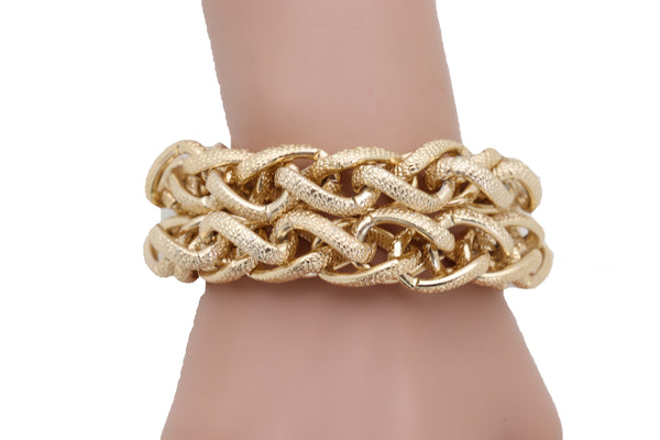 Brand New Women Bracelet Gold Textured Chain Links Double Strands Bulky Fashion Jewelry