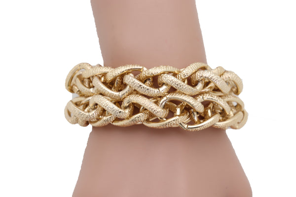 Women Bracelet Gold Textured Chain Links Double Strands Bulky Fashion Jewelry Attractive Stylish Look