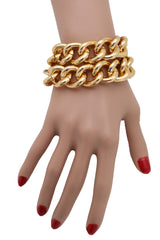 Wrist Bracelet Gold Metal Chain Links Double Strands Bling Bulky Style Hot