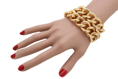 Women Wrist Bracelet Gold Metal Chain Links Double Strands Bling Bulky Style Hot Adjustable Size Band