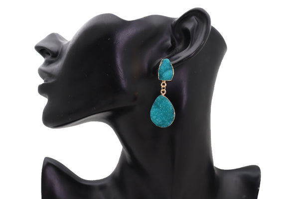 Brand New Women Earrings Set Cute Gold Metal Dangle Turquoise Blue Color Fashion Jewelry Elegant Style