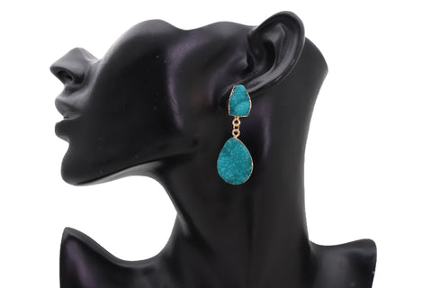 Brand New Women Earrings Set Cute Gold Metal Dangle Turquoise Blue Color Fashion Jewelry Elegant Style