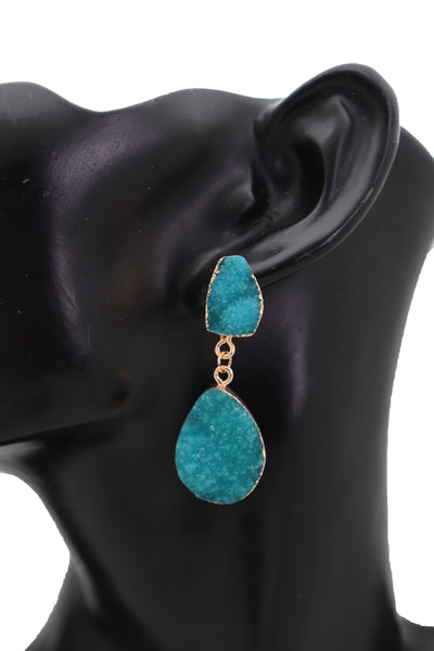 Brand New Women Earrings Set Cute Gold Metal Dangle Turquoise Blue Color Fashion Jewelry Elegant Style