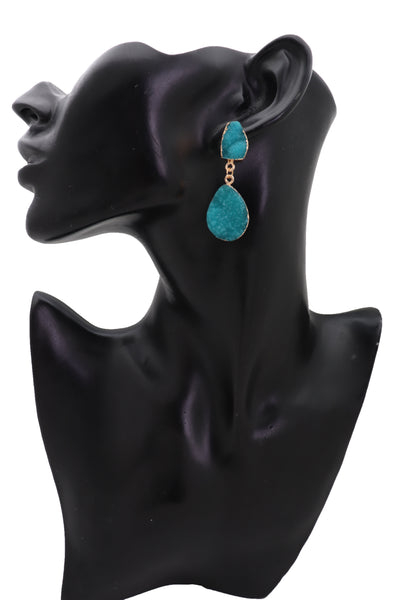 Brand New Women Earrings Set Cute Gold Metal Dangle Turquoise Blue Color Fashion Jewelry Elegant Style