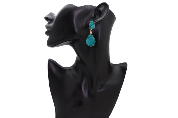 Brand New Women Earrings Set Cute Gold Metal Dangle Turquoise Blue Color Fashion Jewelry Elegant Style