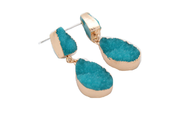 Brand New Women Earrings Set Cute Gold Metal Dangle Turquoise Blue Color Fashion Jewelry Elegant Style