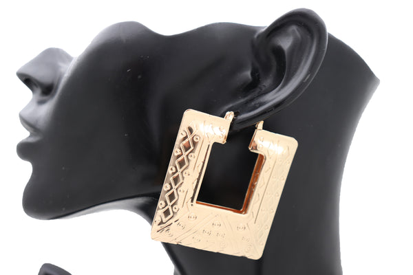Brand New Women Hook Earrings Gold Color Metal Big Square Shape Sexy Geometric Statement