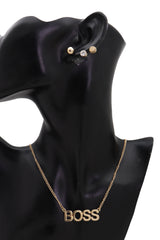 Necklace Jewelry Gold Metal Chain Charm BOSS Pendant + Set 3 Different Earring