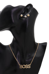 Fashion Necklace Gold Metal Chain BOSS Pendant + Set 3 Different Earring