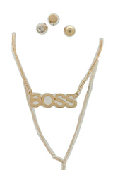 Necklace Jewelry Gold Metal Chain Charm BOSS Pendant + Set 3 Different Earring