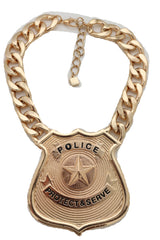 Gold Metal Thick Chain Necklace Big Police Badge Pendant Protect & Serve Bulky