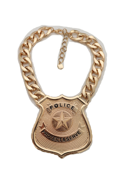 Brand New Women Fashion Gold Metal Chain Necklace Big Police Badge Pendant Protect & Serve