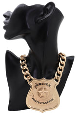 Gold Metal Thick Chain Necklace Big Police Badge Pendant Protect & Serve Bulky
