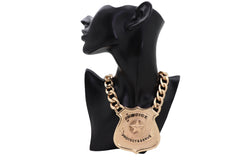 Gold Metal Thick Chain Necklace Big Police Badge Pendant Protect & Serve Bulky