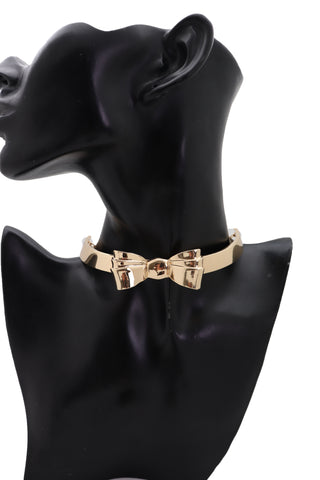 Brand New Women Gold Metal Chain Fashion Jewelry Short Choker Necklace Bow Ribbon Pendant