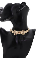 Gold Metal Chain Short Choker Necklace Bow Ribbon Pendant