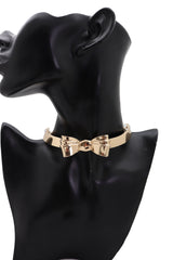 Women Gold Color Metal Chain Short Choker Necklace Bow Charm Ribbon Pendant