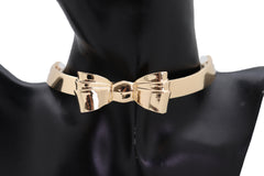 Women Gold Color Metal Chain Short Choker Necklace Bow Charm Ribbon Pendant