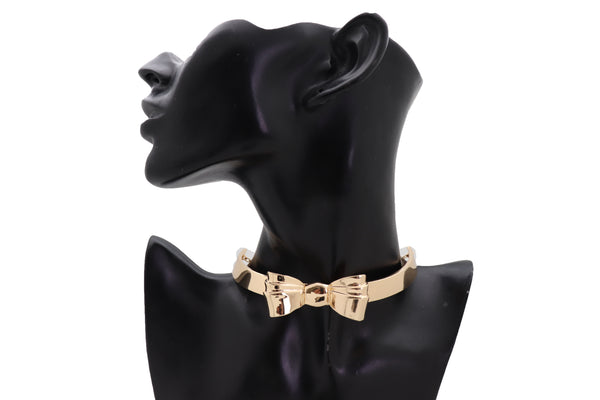 Brand New Women Gold Metal Chain Fashion Jewelry Short Choker Necklace Bow Ribbon Pendant