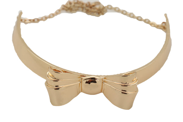 Brand New Women Gold Metal Chain Fashion Jewelry Short Choker Necklace Bow Ribbon Pendant