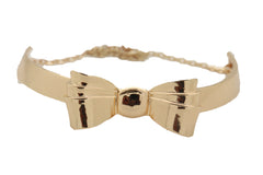 Women Gold Color Metal Chain Short Choker Necklace Bow Charm Ribbon Pendant