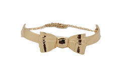 Women Gold Color Metal Chain Short Choker Necklace Bow Charm Ribbon Pendant