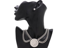 Jewelry Silver Metal Chain Necklace Greek Face Coin Pendant + Earrings Set
