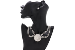 Jewelry Silver Metal Chain Necklace Greek Face Coin Pendant + Earrings Set