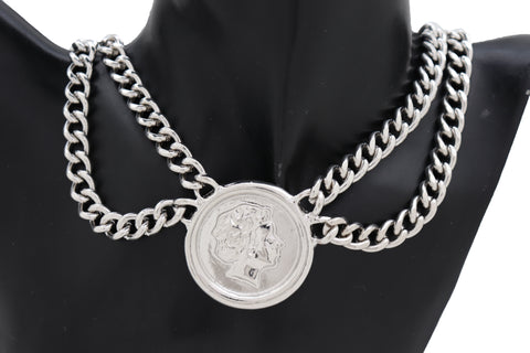 Women Fashion Jewelry Silver Color Metal Chain Necklace Greek Face Coin Medallion Charm Pendant Set