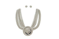 Jewelry Silver Metal Chain Necklace Greek Face Coin Pendant + Earrings Set