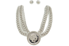 Jewelry Silver Metal Chain Necklace Greek Face Coin Pendant + Earrings Set