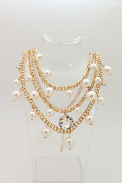 Brand New Women Fancy Fashion Jewelry Gold Metal Chain Pearl Beads 3 Strands Long Necklace