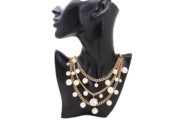 Brand New Women Fancy Fashion Jewelry Gold Metal Chain Pearl Beads 3 Strands Long Necklace