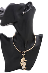 Women Short Necklace Gold Metal Sea Horse Pendant Charm + Earrings Set