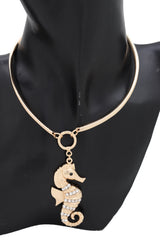 Women Short Necklace Gold Metal Sea Horse Pendant Charm + Earrings Set
