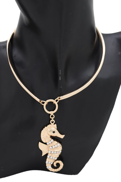 Brand New Women Short Necklace Gold Metal Fashion Jewelry Set Sea Horse Pendant Charm