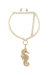 Women Short Necklace Gold Metal Set Seahorse Pendant Charm Nautical Ocean Style