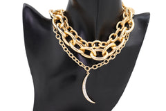 Gold Metal Chain Strand Bulky Bib Choker Short Necklace Moon Charm Bling Style