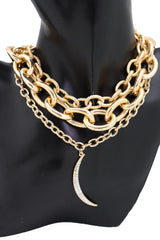Gold Metal Chain Strand Bulky Bib Choker Short Necklace Moon Charm Nautical Style