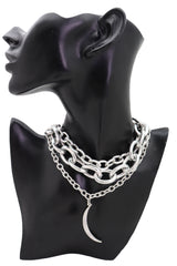 Multi Strands Silver Metal Chain Links Bib Fashion Necklace Moon Pendant