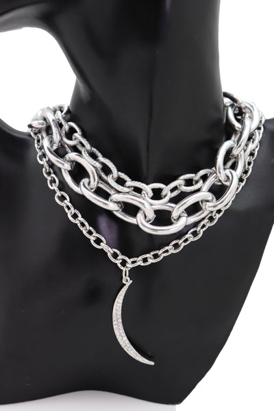 Women Multi Strands Silver Metal Chain Links Bib Fashion Necklace Charm Moon Pendant Bling