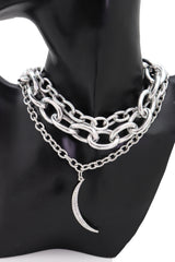 Multi Strands Silver Metal Chain Links Bib Fashion Necklace Moon Pendant
