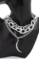 Women Multi Strands Silver Metal Chain Links Bib Fashion Short Necklace Moon Pendant Gorgeous Style