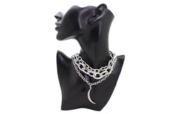 Women Multi Strands Silver Metal Chain Links Bib Fashion Necklace Charm Moon Pendant Bling