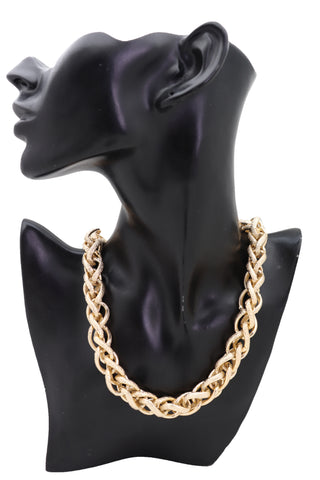 Brand New Women Fashion Jewelry Necklace Gold Metal Chain Double Braide Links Bling Style