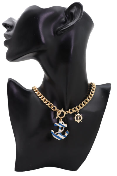 Women Gold Metal Chain White Blue Stripes Anchor Charm Nautical Ship Fashion Jewelry Necklace