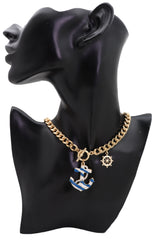 Women Gold Metal Chain White Blue Stripes Anchor Charm Nautical Ship Necklace