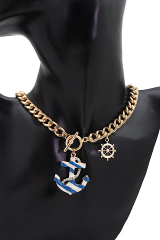 Women Gold Metal Chain White Blue Stripes Anchor Charm Nautical Ship Fashion Jewelry Necklace