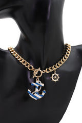 Women Gold Metal Chain White Blue Stripes Anchor Charm Nautical Ship Necklace
